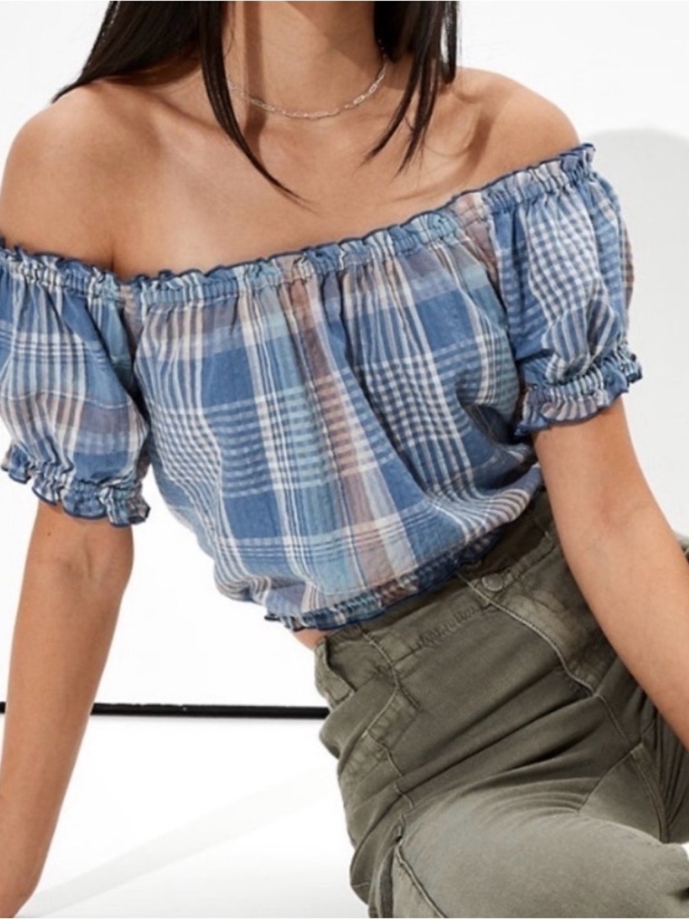American Eagle Outfitters Blue Plaid Off-Shoulder Smocked Crop Top
